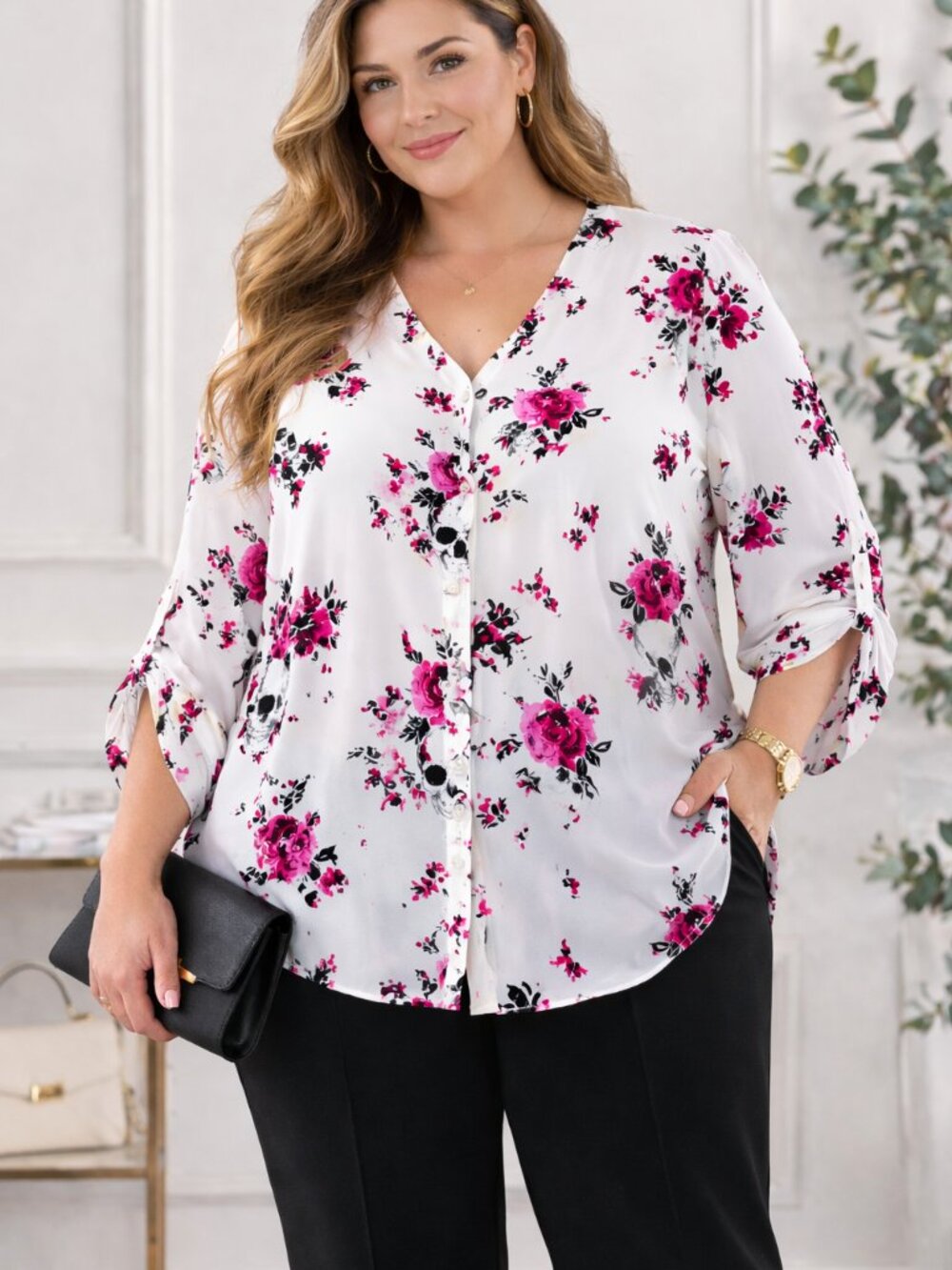 Torrid Women's Size 3 Floral Skull Print Chiffon Pink Roses Goth Boho Edgy Chic